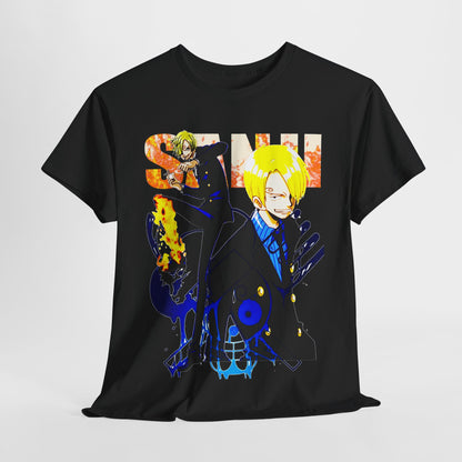 Luxurious black anime-inspired t-shirt featuring a vibrant graphic of a stylish character with blonde hair, perfect for fashion enthusiasts.