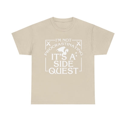 Luxury Unisex Graphic Tee: "It's A Side Quest" depicted in a soft beige colour, showcasing a striking white graphic with the phrase 'I'M NOT PROCRASTINATING, IT'S A SIDE QUEST' and elegant dragon imagery.