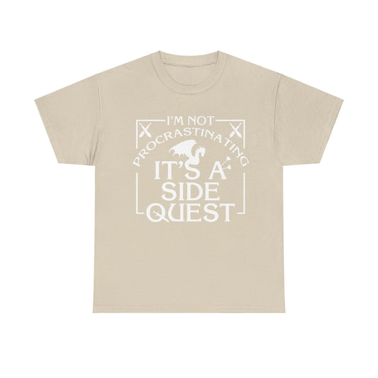 Luxury Unisex Graphic Tee: "It's A Side Quest" depicted in a soft beige colour, showcasing a striking white graphic with the phrase 'I'M NOT PROCRASTINATING, IT'S A SIDE QUEST' and elegant dragon imagery.