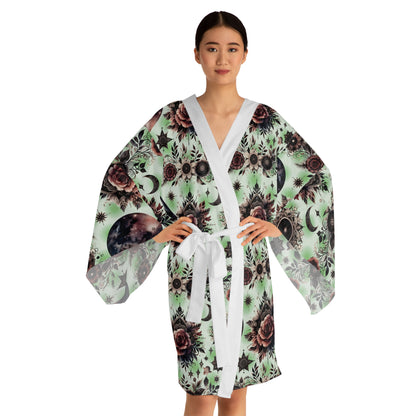 Stylish Floral Kimono Robe designed for women, model displays the robe with a white trim, featuring exquisite floral motifs, embodying a blend of comfort and elegance for luxury lounging.