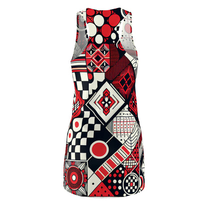 Close-up of the Valeria Belmonte Racerback Dress highlighting its unique design with bold red checkerboard and intricate organic motifs, embodying sophisticated style.