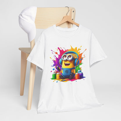 A luxury white t-shirt featuring a vibrant Minion character splashed with colourful paint designs, displayed artistically on a wooden hanger with a stylish cap.