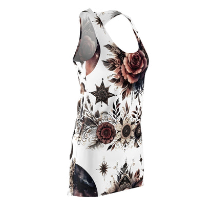 Side view showcasing the stylish Women's Chic Designer Racerback Dress adorned with intricate floral and star patterns, ideal for a sporty summer look.