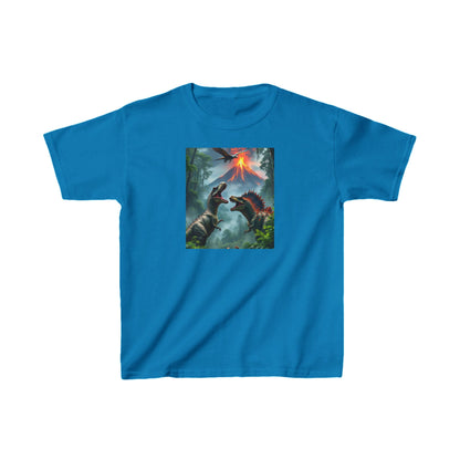 Kids Dinosaur Heavy Cotton Tee highlighting an iconic dinosaur illustration set against a fiery volcano, available in bright blue.