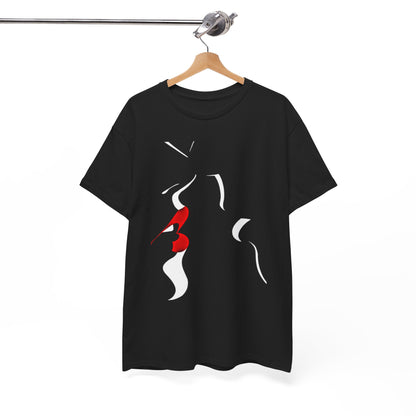 Sophisticated black graphic t-shirt hung on a wooden hanger, showcasing an artistic representation of two faces and a vibrant red kiss, perfect for casual elegance.