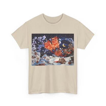 Discworld Hogfather Unisex Graphic Tee Shirt showcasing the iconic cover art with whimsical characters in a magical winter landscape. Perfectly crafted for comfort and style, ideal for fans of Terry Pratchett.