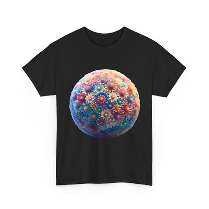 Iridescent Floral Sphere Unisex Cotton Tee Graphic T Shirt in black showcasing a beautiful floral sphere design on the front.