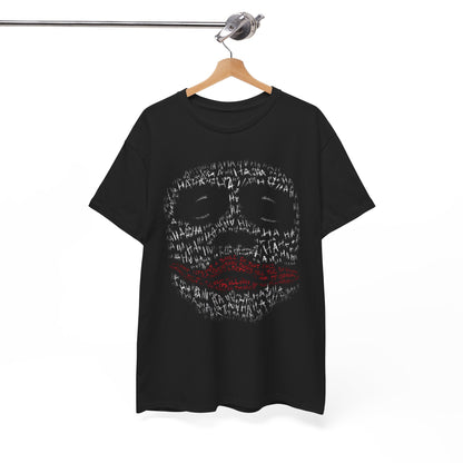 Fashionable black t-shirt elegantly draped, featuring a bold graphic of a cheeky smile with intricately arranged text, the perfect statement piece for both casual and chic occasions.