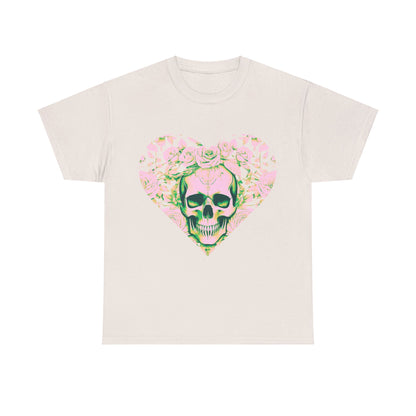 Sophisticated Skulls and Roses Cotton Tee in cream, showcasing a captivating heart graphic with skulls and roses, ideal for fashion-forward individuals.