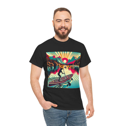 Nature-inspired Paddle Board T-Shirt from Dazzling Dreams Studio, showcasing a vibrant paddleboarding scene, ideal for both casual outings and athletic activities.
