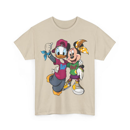 Daisy Duck & Minnie Mouse Unisex Graphic Tee Shirt in beige, depicting vibrant illustrations of Daisy in a purple 'RAP' shirt and Minnie in a green 'ROCK' shirt.