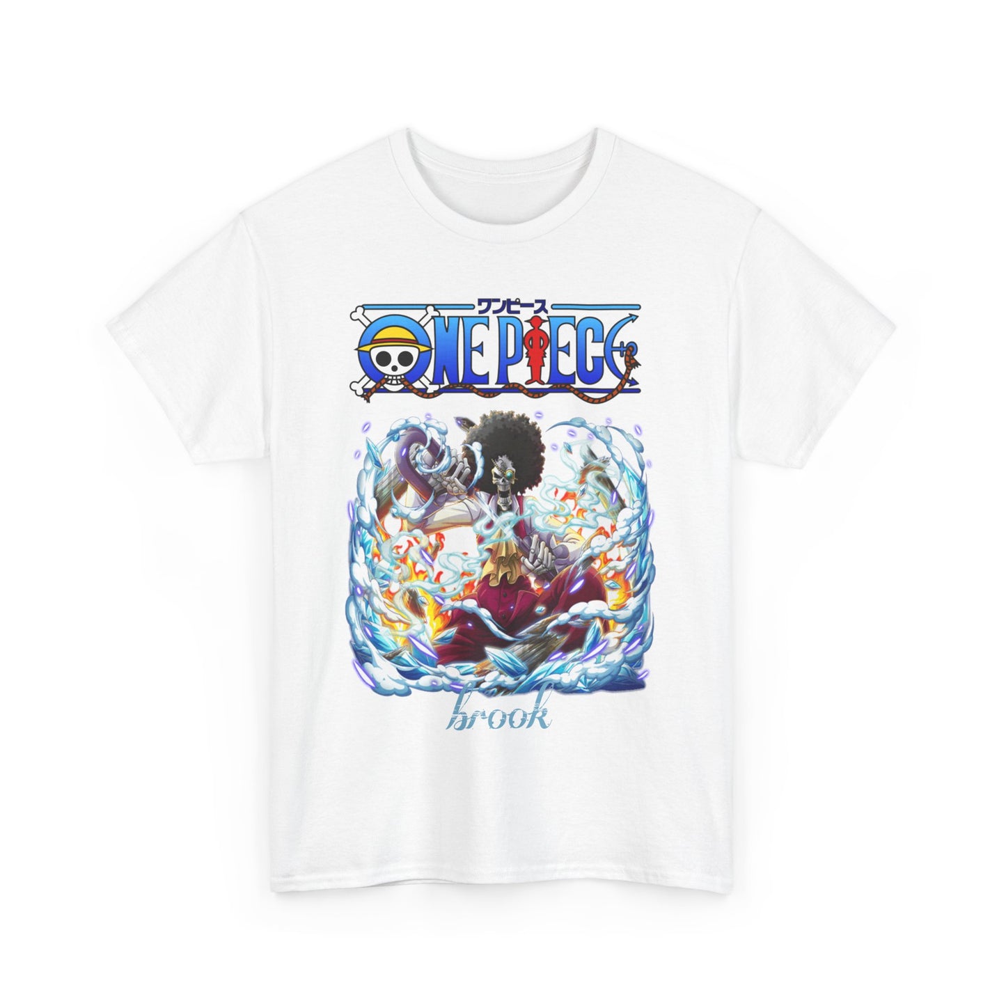 Stunning white t-shirt elegantly displaying a vibrant graphic of Brook from One Piece, adorned with dynamic elements of ice and fire.