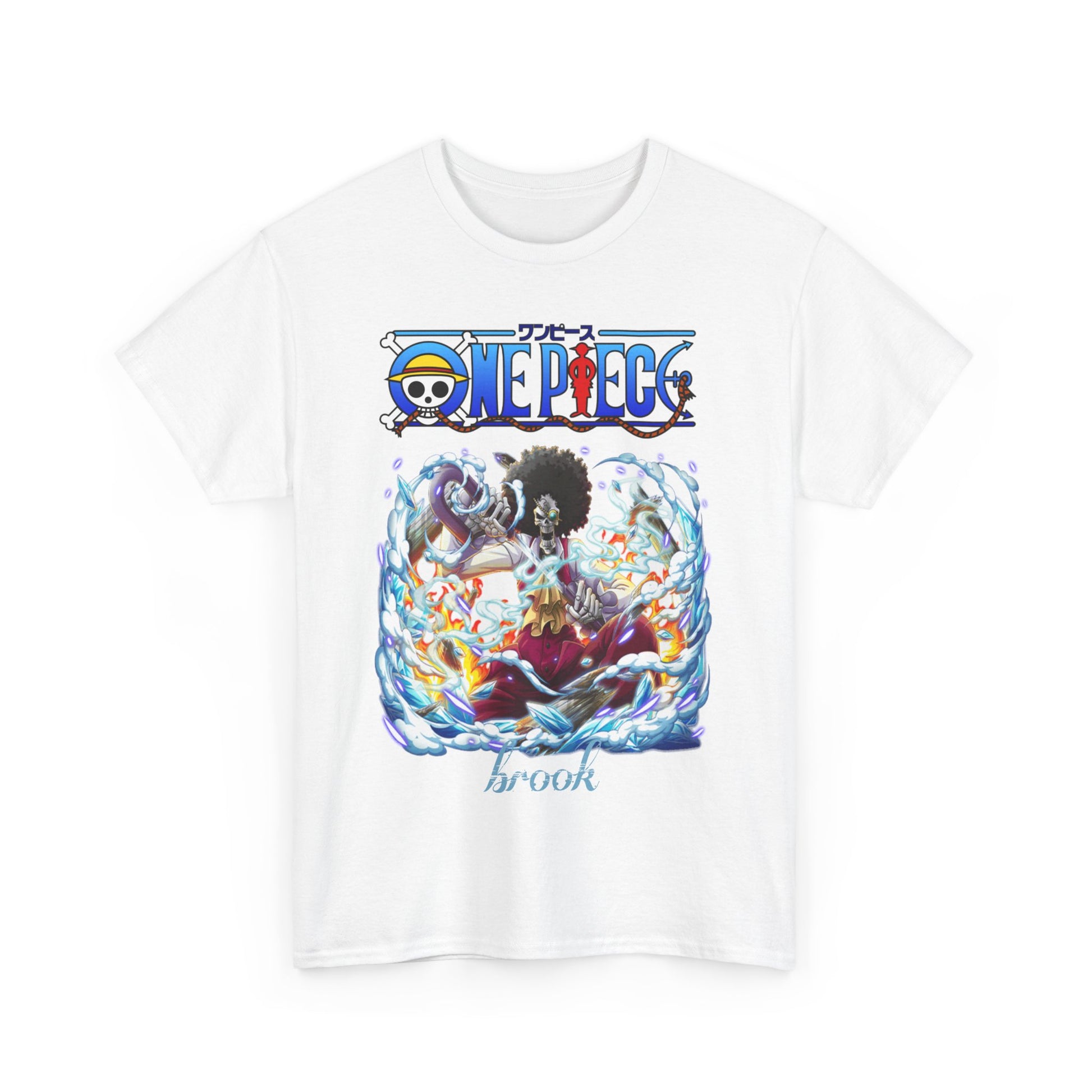 Stunning white t-shirt elegantly displaying a vibrant graphic of Brook from One Piece, adorned with dynamic elements of ice and fire.
