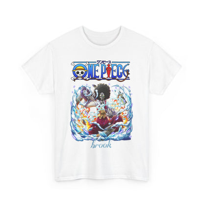 Stunning white t-shirt elegantly displaying a vibrant graphic of Brook from One Piece, adorned with dynamic elements of ice and fire.