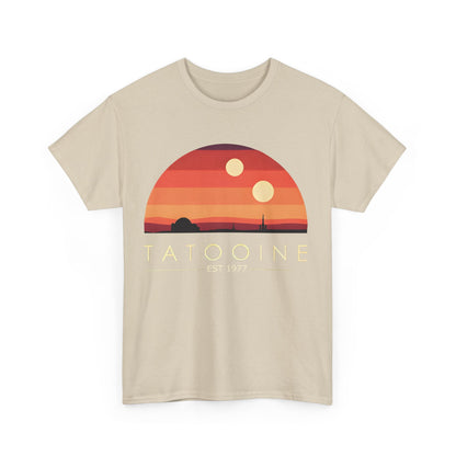 Front view of the stunning Tatooine Graphic Unisex Tee Shirt, displaying a vibrant sunset design with two suns and the text 'TATOOINE EST 1977'.
