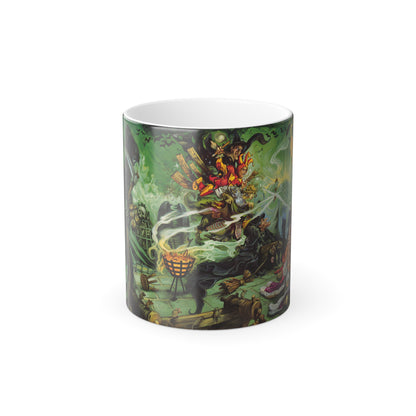 Discworld Wyrd Sisters Colour Morphing Mug featuring vibrant artwork depicting magical characters and whimsical scenes, perfect for fans of Terry Pratchett.