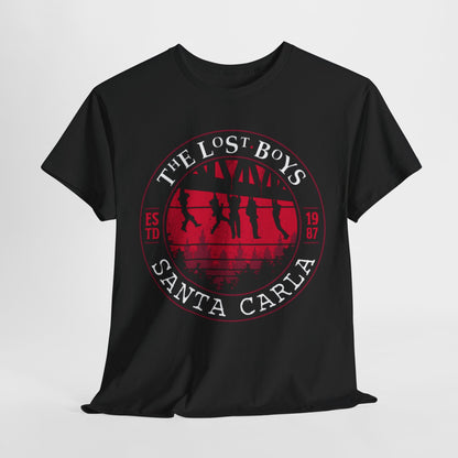 Elegant black unisex t-shirt featuring a vintage-inspired graphic design of the Lost Boys Santa Carla logo, showcasing intricate silhouettes against a striking burgundy inner circle. The design includes the text 'THE LOST BOYS' and 'SANTA CARLA', celebrating the cult classic film with a touch of nostalgic charm.