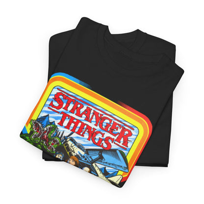Stylish folded black T-shirt showcasing the eye-catching Stranger Things arcade theme, ideal for casual wear with a hint of luxury.