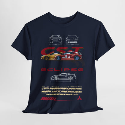 Stylish navy blue Mitsubishi Eclipse GST men's t-shirt elegantly draped, highlighting captivating graphics and specifications of the iconic car, perfect for automotive enthusiasts.
