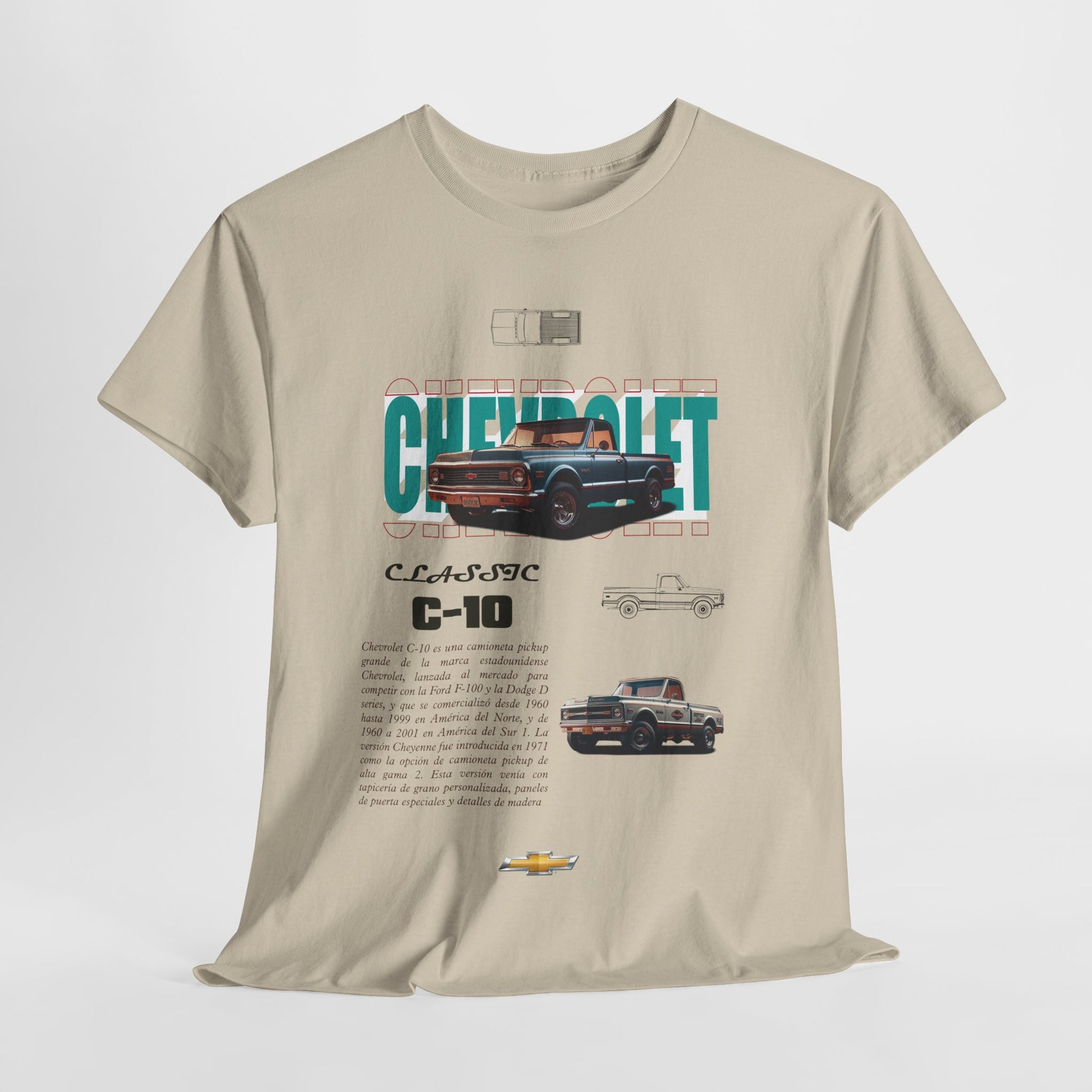 Luxurious classic Chevrolet C-10 t-shirt showcasing a retro graphic design, perfect for automotive enthusiasts.