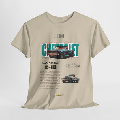 Luxurious classic Chevrolet C-10 t-shirt showcasing a retro graphic design, perfect for automotive enthusiasts.