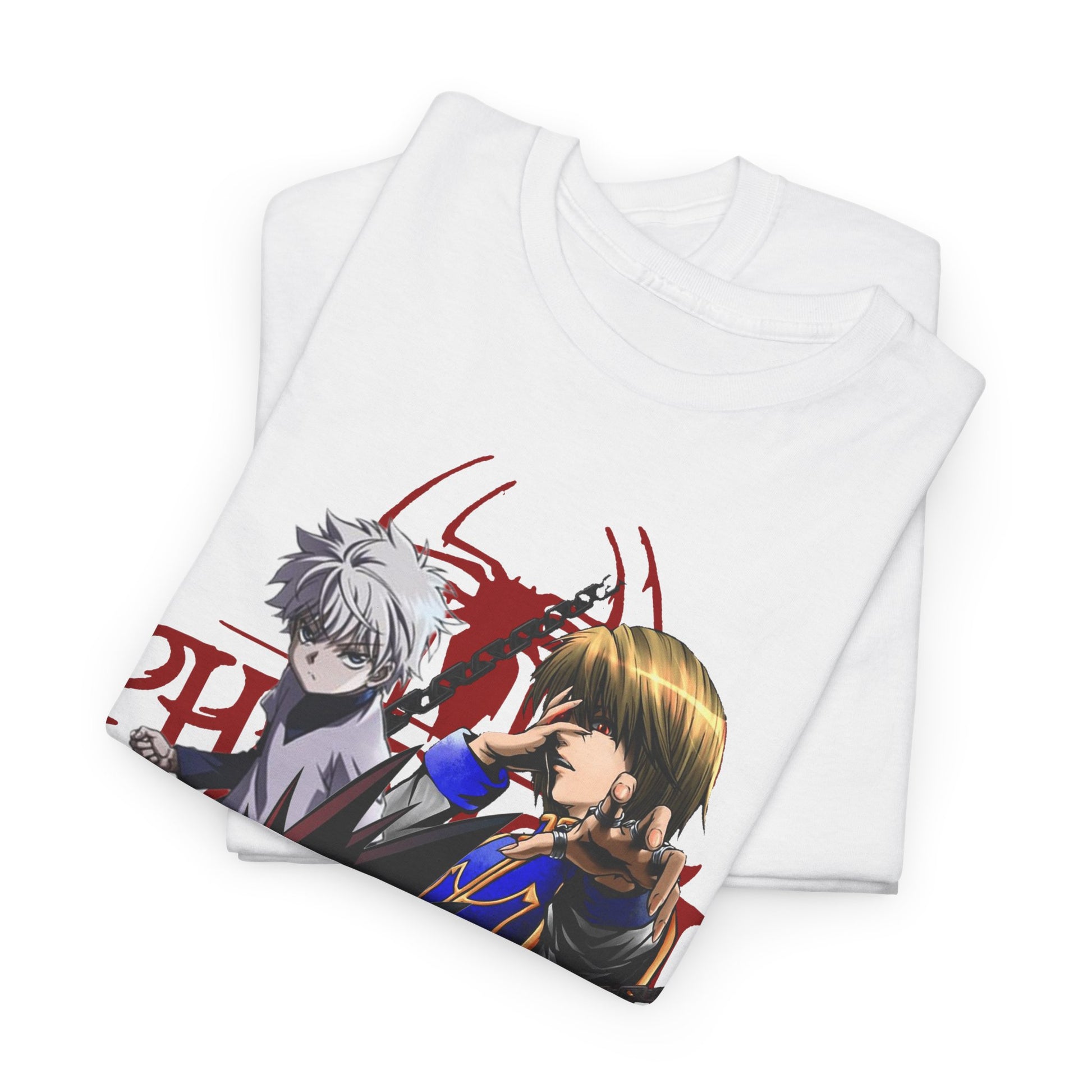 Stylish folded white T-shirts featuring striking illustrations of Kalua and Hisoka from Hunter x Hunter: Phantom Rouge. A luxurious choice for anime lovers looking for fashionable comfort.