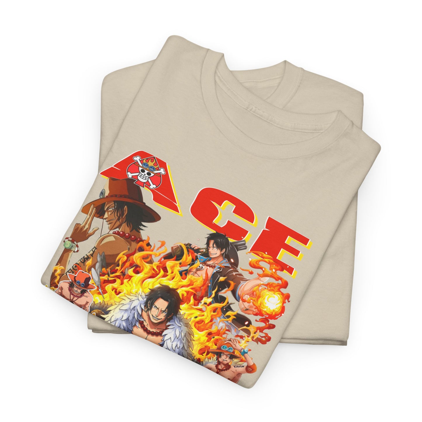 Stylish folded anime graphic t-shirts in luxurious beige, highlighting the vibrant Ace design from One Piece, ideal for fashion-forward fans.