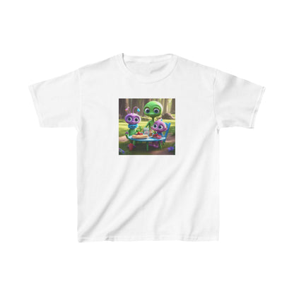 Kids Cute Aliens Heavy Cotton T-Shirt in classic white displaying whimsical alien characters at a picnic, designed for imaginative youth.