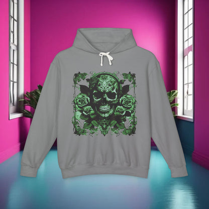 Chic Skull and Roses Lightweight Hoodie in grey, showcasing a striking skull and roses graphic, ideal for sophisticated streetwear attire.