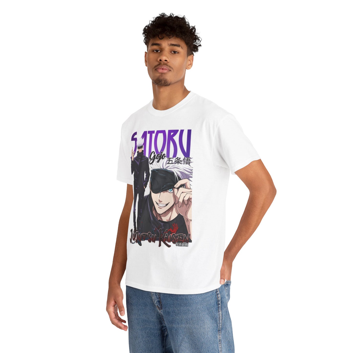 Fashionable model wearing a Gojo Satoru T-shirt from Jujutsu Kaisen, exuding confidence and flair, perfect for trendy anime fans.