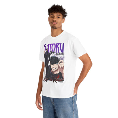 Fashionable model wearing a Gojo Satoru T-shirt from Jujutsu Kaisen, exuding confidence and flair, perfect for trendy anime fans.