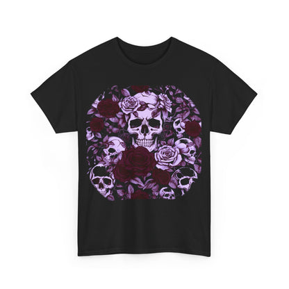 Front view of the Skulls and Roses Cotton Tee featuring an exquisite steampunk design with skulls and roses in rich colours.