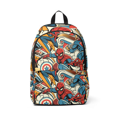 Vibrant Abstract Backpack showcasing innovative comic motifs and fictional characters designed by Dazzling Dreams Studio, perfect for trendy pop culture enthusiasts.