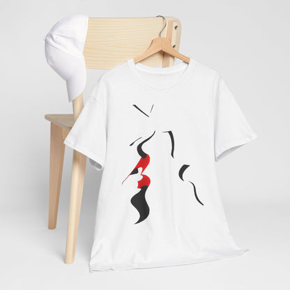Stylish white graphic tee draped elegantly over a minimalist wooden chair, showcasing an abstract face design highlighted with a passionate red kiss.