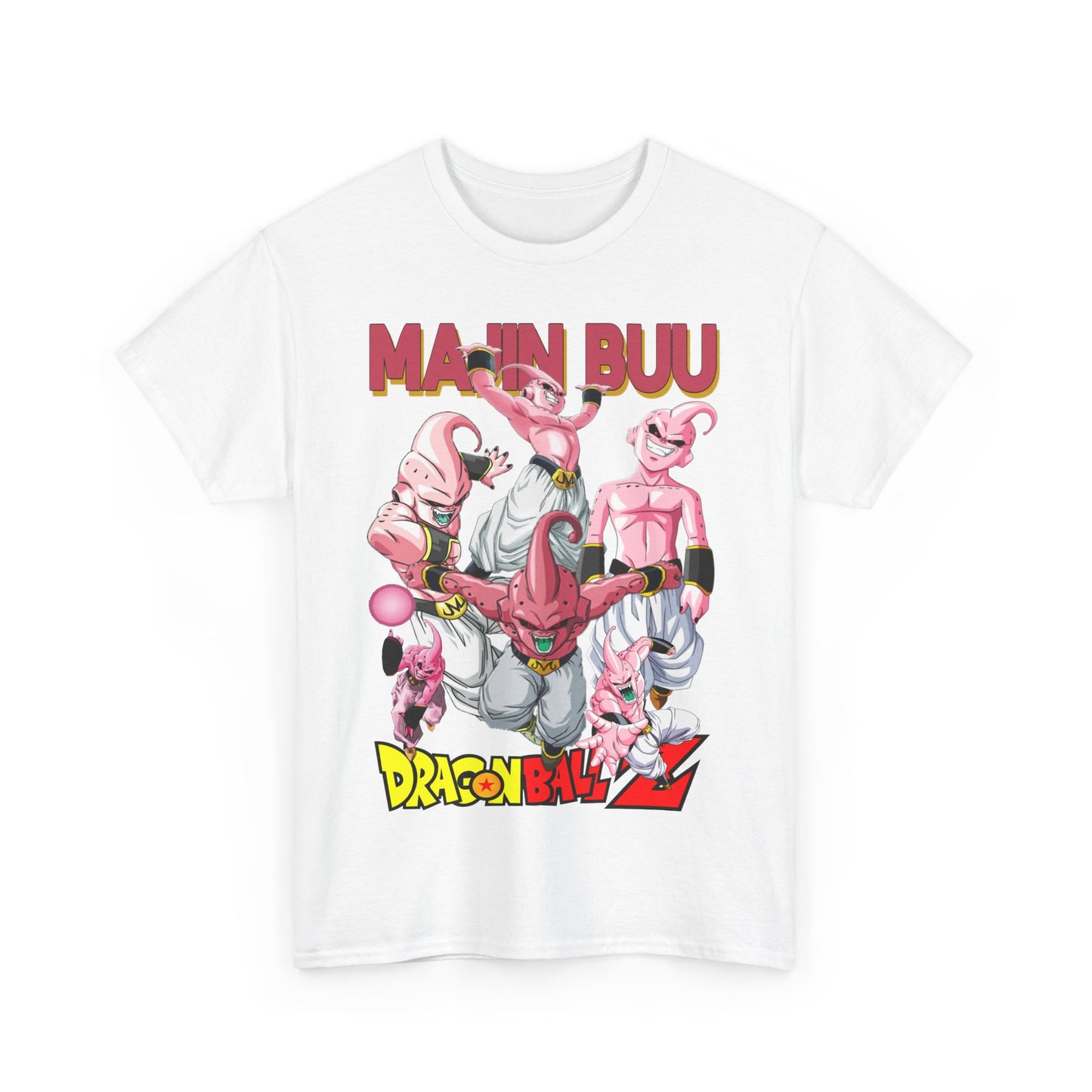 Stunning white Dragon Ball Z T-shirt showcasing Majin Buu character design, radiating elegance and playful energy, a must-have for anime culture aficionados.