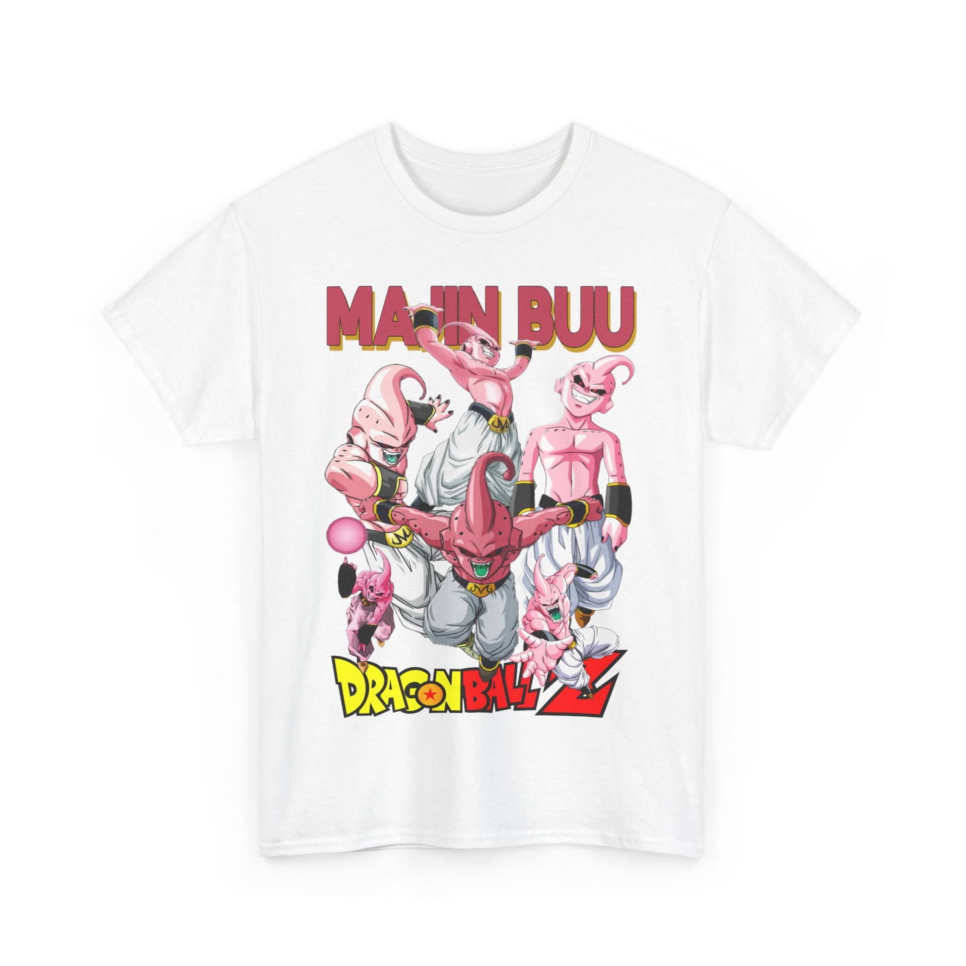 Stunning white Dragon Ball Z T-shirt showcasing Majin Buu character design, radiating elegance and playful energy, a must-have for anime culture aficionados.