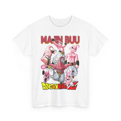Stunning white Dragon Ball Z T-shirt showcasing Majin Buu character design, radiating elegance and playful energy, a must-have for anime culture aficionados.