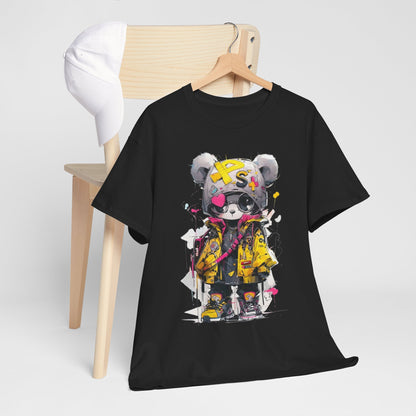 Black T-shirt draped over a chair, featuring a stylish cartoon panda character that combines quirky elements with urban fashion, perfect for trendsetters.