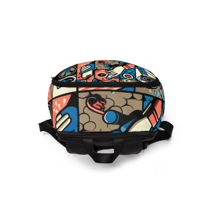 A stylish model carrying the Vibrant Modern Pop Art Backpack by Dazzling Dreams Studio, highlighting the comfortable fit and the vibrant design that stands out in any setting.