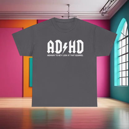 Chic AD HD Rockers AC DC Graphic T-Shirt in heather grey, adorned with distinctive white typography, designed for rock music aficionados.