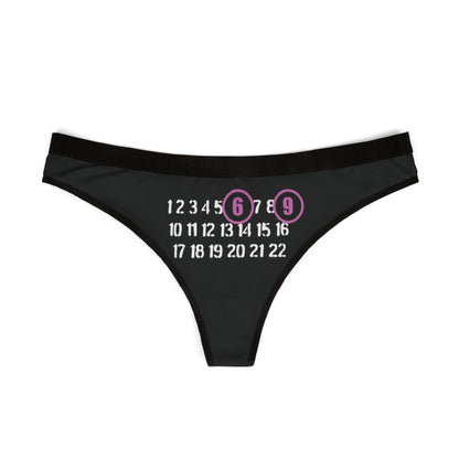 Elegant black thong with cheeky '6' and '9' numbers prominently displayed, crafted for comfort and allure.