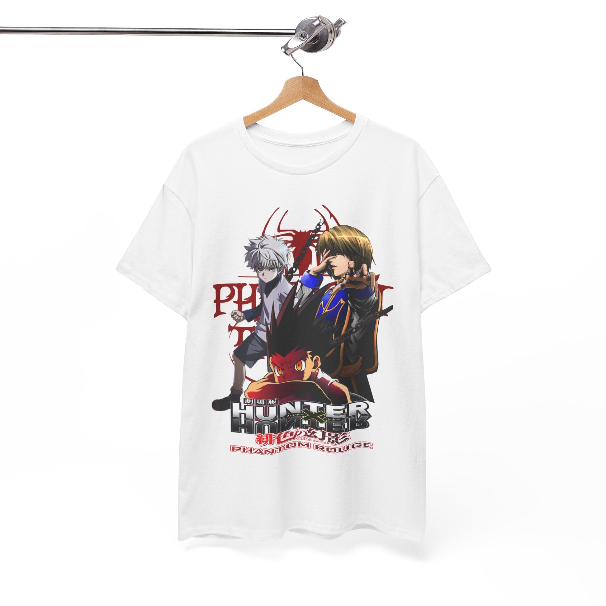 Luxurious Hunter x Hunter T-shirt featuring stunning anime graphics of iconic characters Gon, Killua, and Hisoka, elegantly displayed on a white background to captivate fans and collectors.