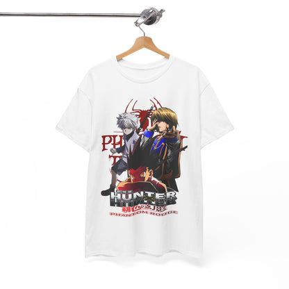 Luxurious Hunter x Hunter T-shirt featuring stunning anime graphics of iconic characters Gon, Killua, and Hisoka, elegantly displayed on a white background to captivate fans and collectors.