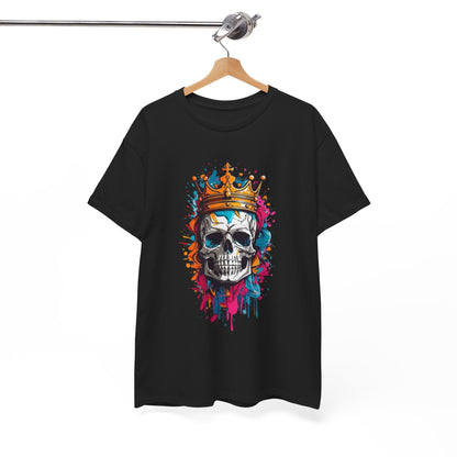 Elegant hanging display of a men's T-shirt showcasing a striking stylized skull design with a golden crown, embellished by colourful paint splashes in blue, pink, and orange.