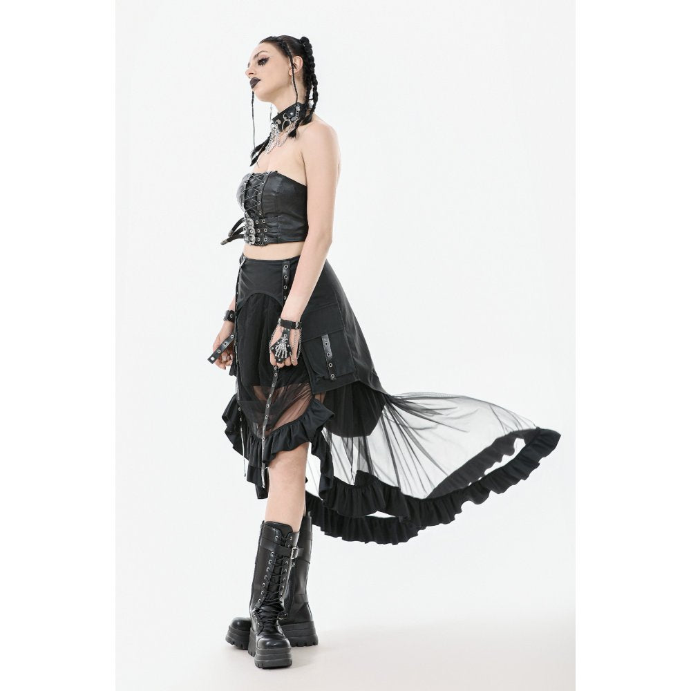 Elegant Dark In Love Belladonna Mesh Gothic Skirt showcasing layered ruffles and buckle straps, perfect for high-fashion goth aesthetics.