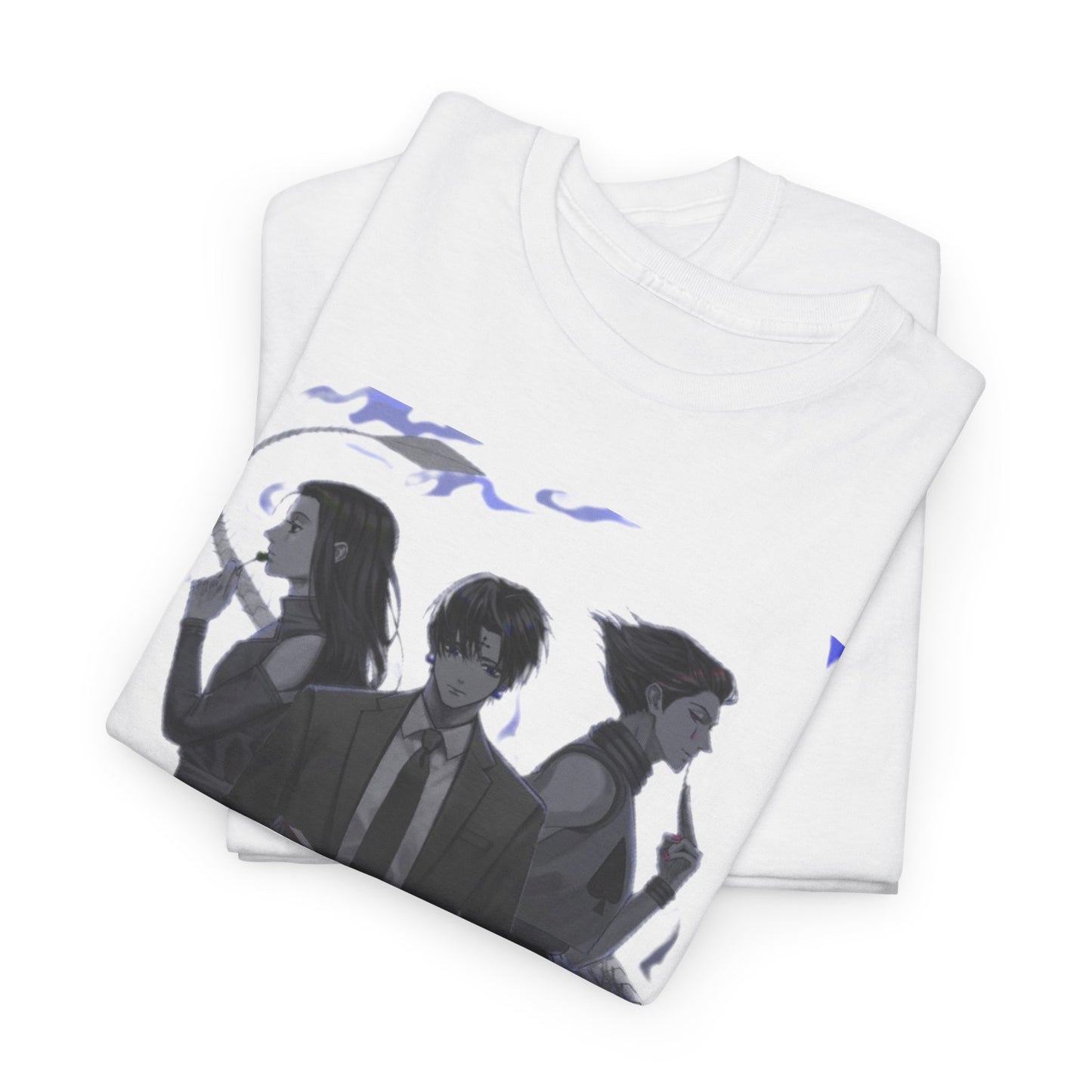 Stacked image of the luxurious Hunter x Hunter Phantom Rouge T-shirt showcasing a bold grayscale design with captivating characters, perfect for showcasing your fandom.