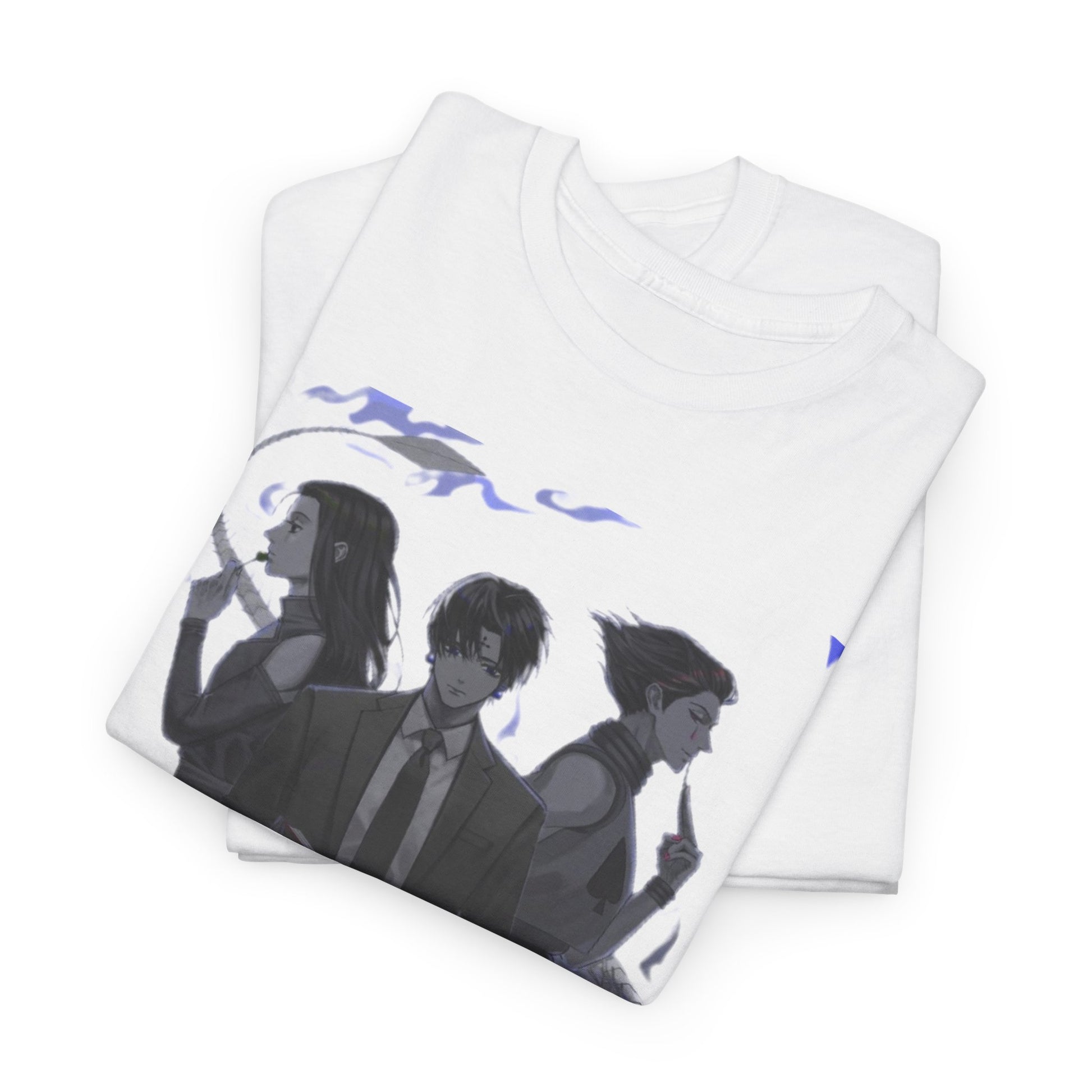 Stacked image of the luxurious Hunter x Hunter Phantom Rouge T-shirt showcasing a bold grayscale design with captivating characters, perfect for showcasing your fandom.