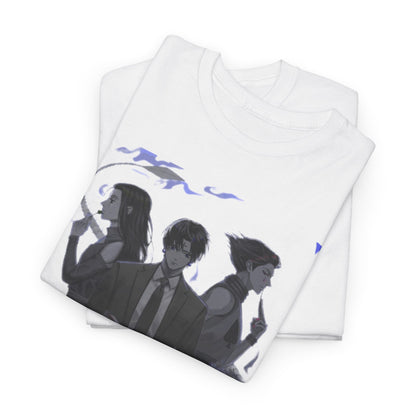 Stacked image of the luxurious Hunter x Hunter Phantom Rouge T-shirt showcasing a bold grayscale design with captivating characters, perfect for showcasing your fandom.