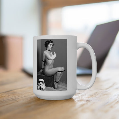 Elegant ceramic mug featuring a bold and humorous design of Princess Leia, perfect for coffee and tea enthusiasts.