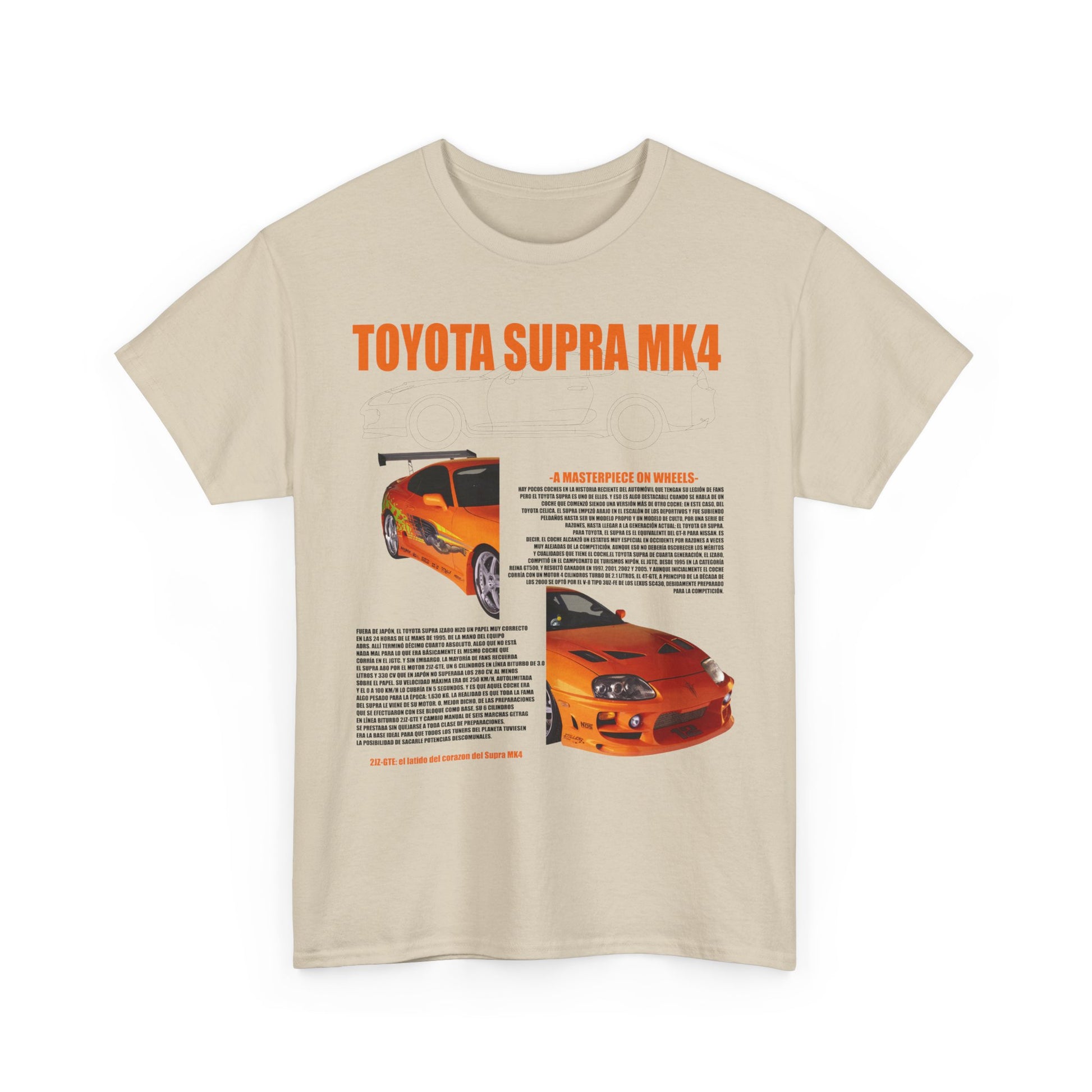 Chic beige men's t-shirt adorned with an artistic depiction of the Toyota Supra MK4, radiating automotive passion and sophistication.